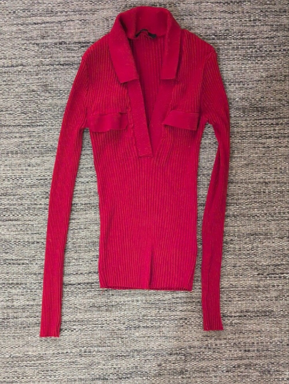 Zara Ribbed V-Neck Long Sleeve Sweater - Red - XS